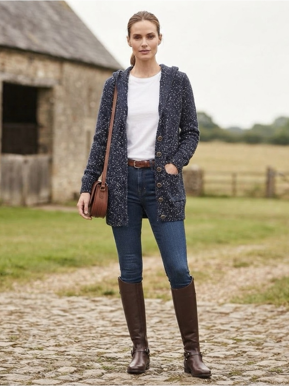 Kenki Navy Speckled Long Button Front Hooded Knit Cardigan Size F Free Size)
